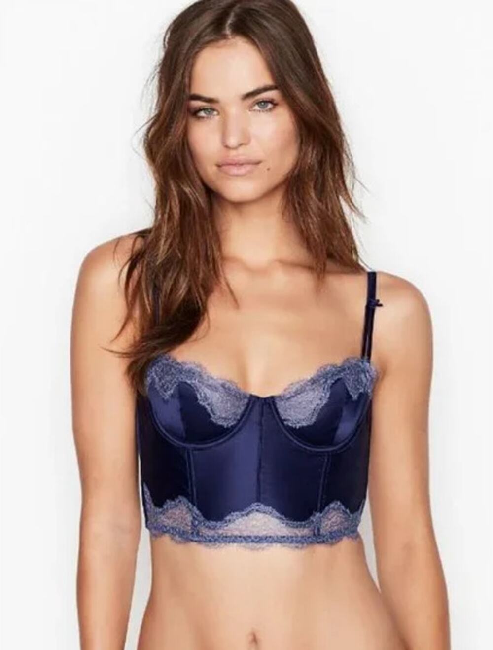 Victoria’s Secret Dream Angels Unlined Long Line Balconette Bra Lace Satin, Blue